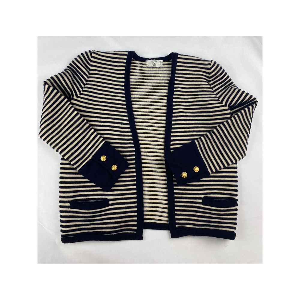 Valentino Studio Wool Cardigan Women's Size 42 (8) Blue Striped Italy - Flaw